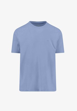 Light blue short-sleeve crew neck cotton t-shirt with a small subtle logo on the left chest, shown against a white background.