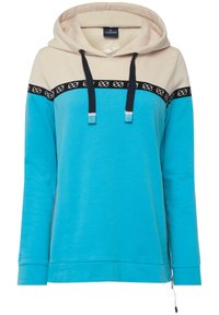 Sweat-shirt à capuche avec un haut beige et un corps turquoise, présentant une bande décorative noire à motif, des cordons de serrage et une fermeture éclair sur le côté.