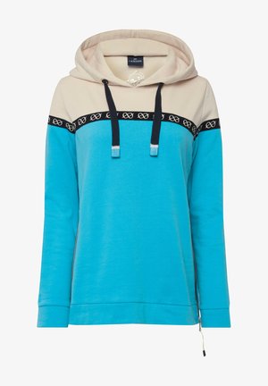 Sudadera con capucha de color beige en la parte superior y cuerpo turquesa, que presenta una banda decorativa negra con un patrón, cordones de ajuste y una cremallera lateral.