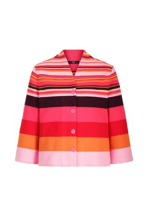 Naiste lühike jakk, millel on laiade horisontaalsete triipudega roosades, punastes, oranžides ja tumelillades toonides, krae ja neli roosat nööpi eest.