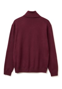 Bordeauxfarbener Pullover mit hohem Kragen, langen Raglanärmeln, gerippten Bündchen und Saum, weicher Textur und einer einfachen, glatten Oberfläche.