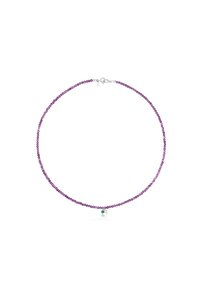 Collana di perline viola con una piccola pietra verde accento e hardware argentato, progettata in una semplice forma circolare con chiusura a gancio.