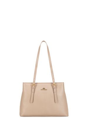 Beige Leder-Shopper mit goldenen Hardware-Details, zwei langen Tragegriffen und einem schlichten Design. Mit eingestanztem Logo auf der Vorderseite.