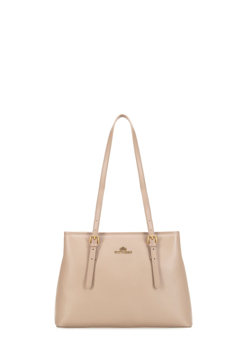 Borsa tote in pelle beige con dettagli in metallo dorato, due manici lunghi e un design semplice. Presenta un logo impresso sul fronte.