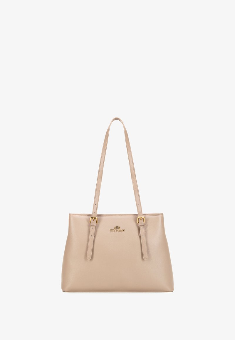 Borsa tote in pelle beige con dettagli in metallo dorato, due manici lunghi e un design semplice. Presenta un logo impresso sul fronte.