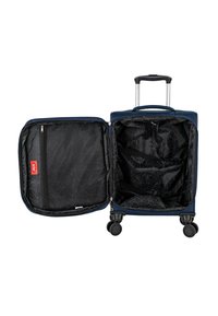 Maleta con ruedas de color azul marino, carcasa dura, doble compartimiento, bolsillo de malla con cremallera e interior negro con patrón. Asa retráctil y cuatro ruedas.