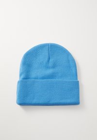 Berretto di lana blu a maglia con risvolto e texture liscia. Presenta una parte superiore rotonda ed è realizzato in tessuto morbido e elasticizzato.