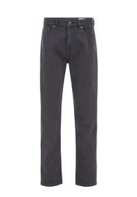 Jeans rectos de color gris oscuro con cierre frontal de botón y cremallera, bolsillos delanteros y traseros, mostrados sobre fondo blanco.