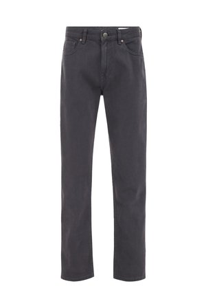 Donkergrijze rechte jeans met een ritssluiting en knoopsluiting aan de voorkant, met voor- en achterzakken, weergegeven op een witte achtergrond.