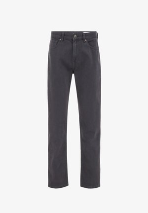 Dunkelgraue Straight-Leg-Jeans mit vorderem Knopf- und Reißverschluss, Front- und Gesäßtaschen, vor weißem Hintergrund gezeigt.