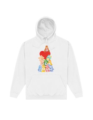 Hvid hættetrøje med en farverig bunke af tegneseriebjørne og et stort rødt hjerte i midten. Inkluderer en forlommer.