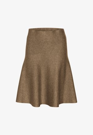 Hnědá sukně do áčka s přiléhavým pasem, vyrobená z texturované látky, rozšířený lem, délka ke kolenům, bez vzorů či ozdob.