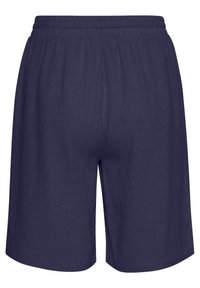 Marineblå shorts med elastisk talje, lavet af let stof, med en glat overflade og et enkelt, udekoreret design.