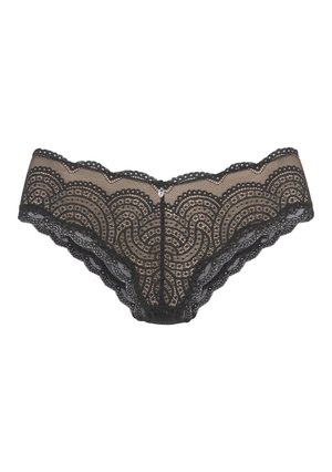 Zwarte kanten thong met ingewikkelde schulppatronen en een transparant ontwerp, met een kleine metalen accent aan de voorkant.