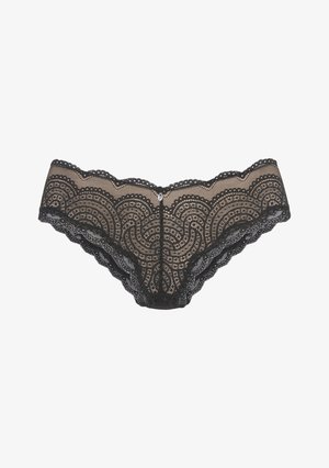 Zwarte kanten thong met ingewikkelde schulppatronen en een transparant ontwerp, met een kleine metalen accent aan de voorkant.