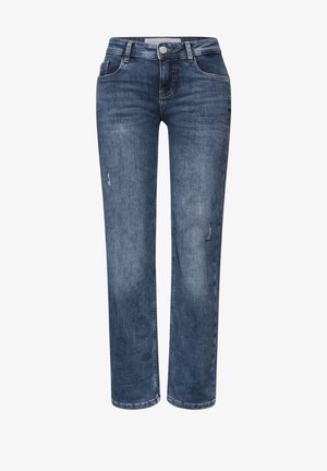 Jeans in denim blu con taglio a gamba dritta, leggermente consumati, con cinque tasche e una sfumatura sottile. Cuciture visibili lungo le cuciture.