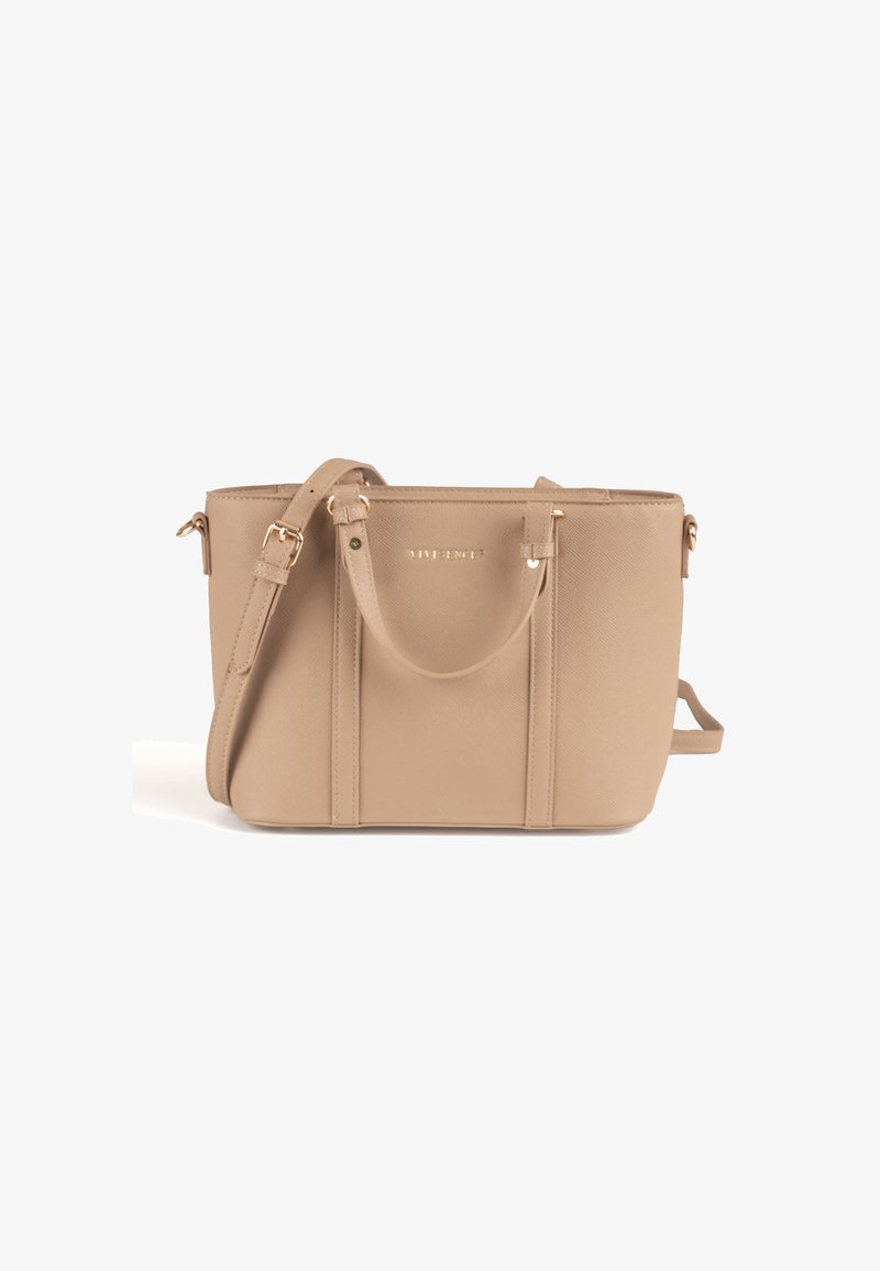 Beżowa torebka syntetyczna z podwójnymi uchwytami, regulowanym paskiem na ramię i złotymi akcentami. Teksturowana powierzchnia z delikatnymi pionowymi szwami.