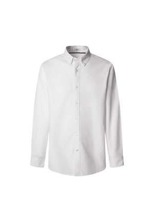 Camisa blanca de manga larga con botones en el cuello y los puños, exhibida sobre un fondo blanco.