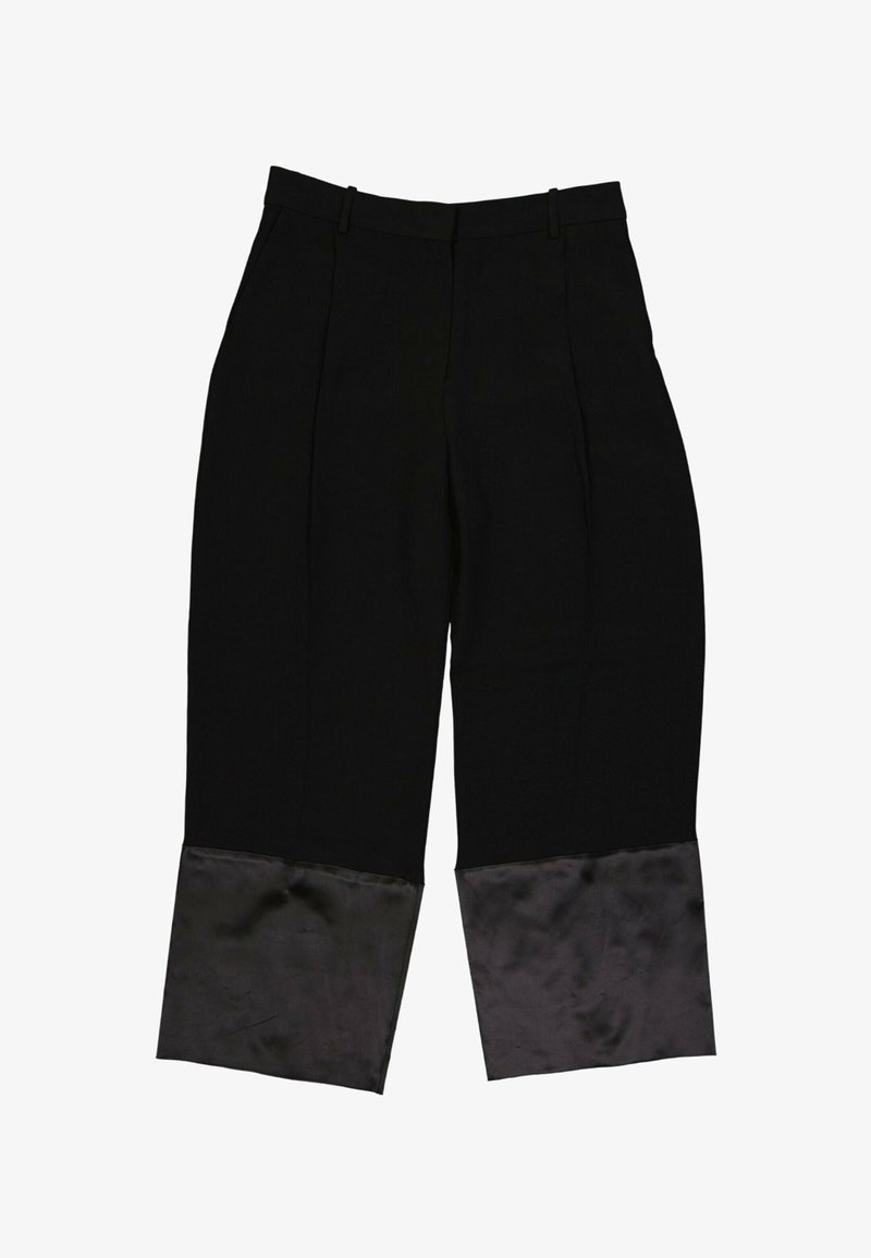 Pantalon noir à jambes larges, taille haute et larges poignets à finition satinée à l'ourlet.