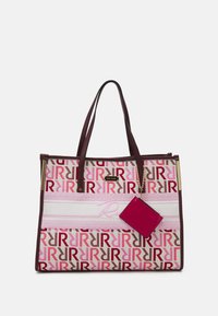 Stor toteväska med ett mönster i rosa och beige logotyp, bruna läderdetaljer, en ficka med dragkedja och en avtagbar rosa korthållare.