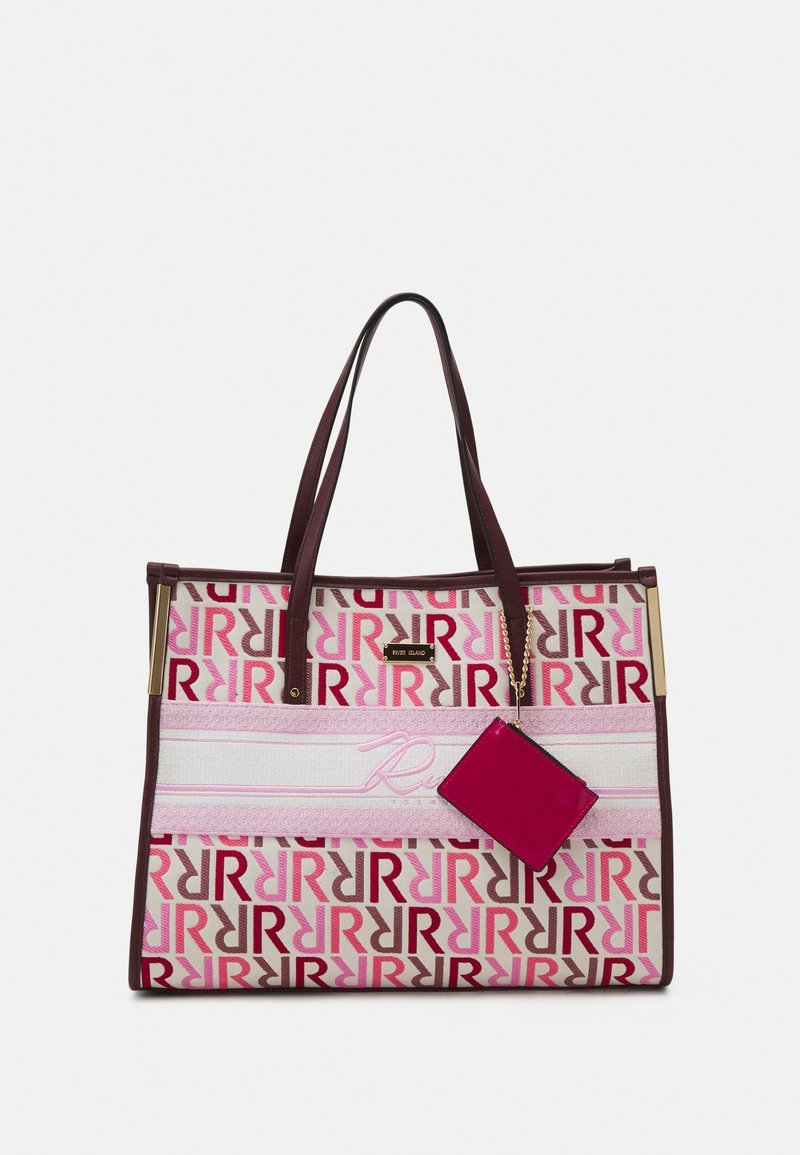 Stor toteväska med ett mönster i rosa och beige logotyp, bruna läderdetaljer, en ficka med dragkedja och en avtagbar rosa korthållare.