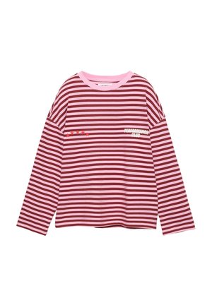 Viininpunavalkoraidallinen pitkähihainen paita, jossa pyöreä pääntie ja logoteksti, viisi pientä tähteä vasemmalla puolella.