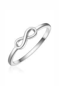 Zilveren ring met een gladde band, met een oneindigheidssymbool ontwerp in het midden; gepolijste afwerking zonder aanvullende accenten of patronen.