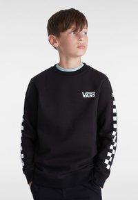 Sudadera negra de mezcla de algodón, con un logotipo blanco de Vans en el pecho y un patrón de cuadros a lo largo de las mangas. Diseño de cuello redondo.