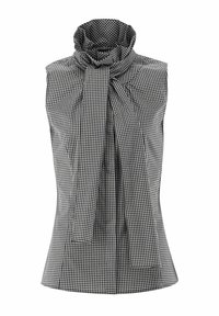 Black and white gingham sleeveless top with a high neck and bow tie detail, featuring a structured fit and textured fabric.