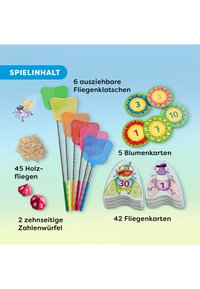 De spelset bevat 6 uitschuifbare vliegenmeppers (gekleurde netkoppen, metalen handvatten), 45 houten vliegen, 2 tienzijdige dobbelstenen, 5 bloemenkaarten en 42 vliegenkaarten.