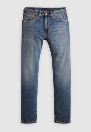 Jeans in denim blu con un design a gamba dritta, caratterizzati da una finitura sbiadita, cinque tasche e cuciture in contrasto lungo le cuciture.