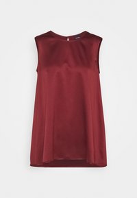 Top bordeaux senza maniche in tessuto satinato liscio, con scollatura rotonda e chiusura a chiave sulla schiena, caratterizzato da una silhouette ampia e fluida.