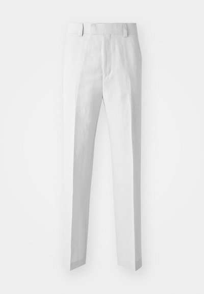 Light gray, tailored trousers made from linen blend; features a flat front, straight leg, and belt loops. Minimalist design, no visible embellishments.