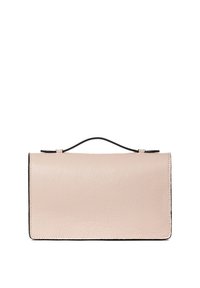 Clutch in pelle di un delicato rosa chiaro con una texture sottile. Presenta un bordo nero e una maniglia superiore sottile per un trasporto facile.