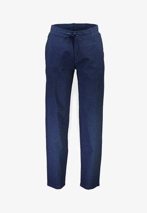 Mørkeblå bukser i en blanding af hør med en afslappet pasform, der har en elastisk talje, snøre og taperede ben. Glat tekstur og minimalistisk design.