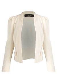Blazer beige chiaro con scollatura rotonda e maniche lunghe a sbuffo. Presenta tasche frontali e un design minimalista, senza fodera.