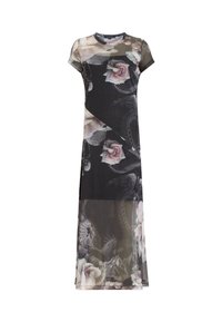 Long, black dress with floral and dragon patterns, short sleeves, round neckline, sheer fabric, and a flowing silhouette.