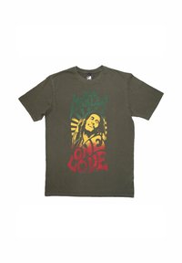 Olive green cotton t-shirt featuring a central graphic of Bob Marley, with red and yellow text stating "ONE LOVE" and sunburst details.