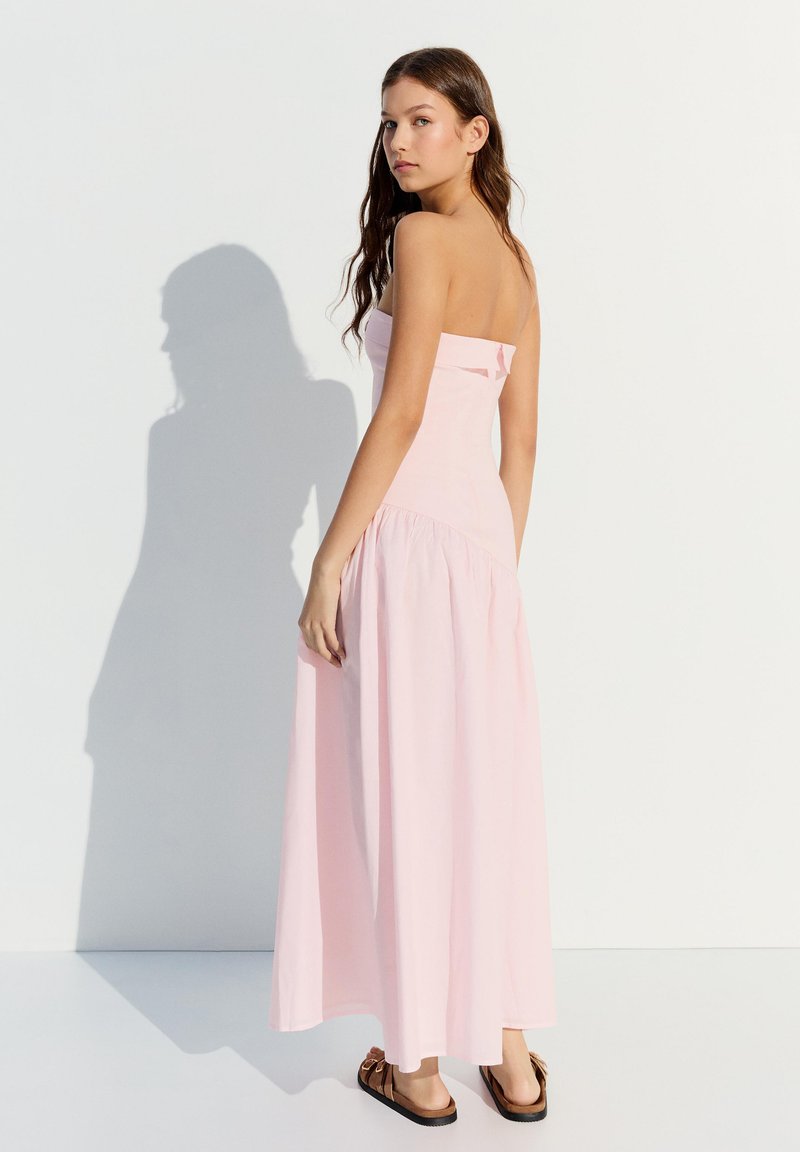 dusty pink lace v bar bandeau midi dress Satin Lace-Trim Bandeau Fluted Midaxi Dress in Blush Pink - 4