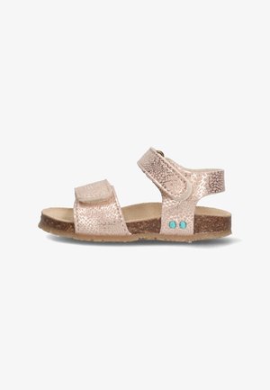 Roze metalen kindersandalen met twee verstelbare riempjes, een textuur bovenwerk en een kurken zool met turquoise accenten.