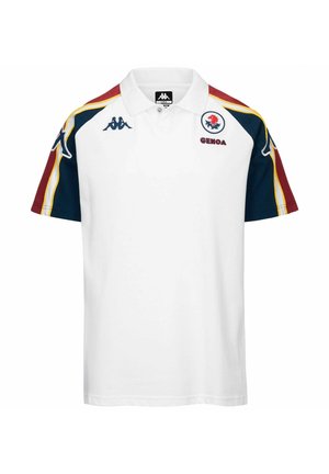 Polo blanc avec manches rayées rouge, marine et jaune, logos Kappa aux épaules et écusson du club de football de Gênes sur la poitrine.