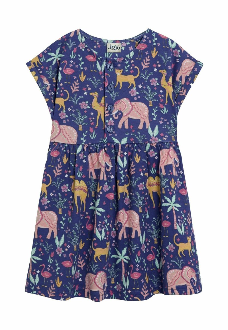 Robe en coton à manches courtes, avec un fond violet orné de motifs animaliers et floraux colorés, et des détails de boutons sur le devant.
