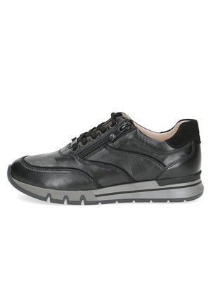 Black leather sneaker with a smooth finish, lace closure, side zipper, rounded toe, gray rubber sole, and contrasting gray accents.