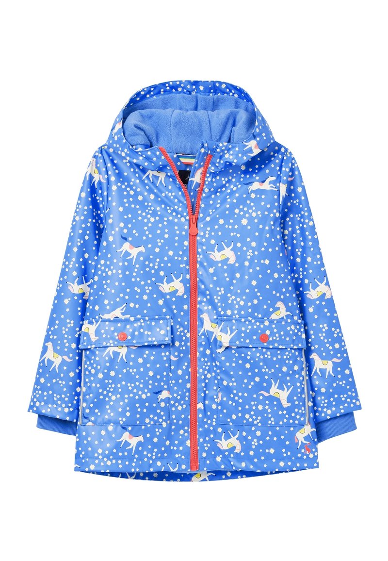Blauer Kinderregenmantel mit pinkem Reißverschluss, Kapuze, Fronttaschen sowie einem weißen Blumen- und Pferdemuster.