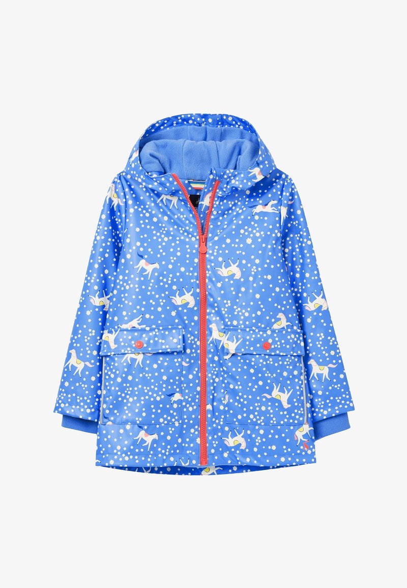 Blauer Kinderregenmantel mit pinkem Reißverschluss, Kapuze, Fronttaschen sowie einem weißen Blumen- und Pferdemuster.