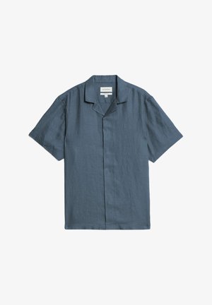 Kurzarmhemd aus schieferblauem Leinen mit Schalkragen, Knopfleiste vorne und lockerer Passform, aus leicht strukturiertem Stoff.
