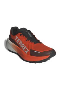 Raudoni ir juodi sportiniai bateliai su tinkleliu viršuje, ryškiu "TERREX" ženklu, tekstūruotu padu ir kontrastingais baltais akcentais.