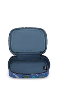 Custodia blu con zip dal design marino. L'interno presenta una fodera blu uniforme e un ampio scomparto.