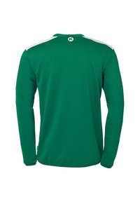 Langarmshirt van groene stof met een ronde hals, voorzien van witte accenten op de schouders en een logo op de bovenrug.