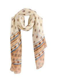 Lightweight, cream scarf featuring floral and geometric patterns in brown and blue, with a textured, sheer fabric and a flowing design.